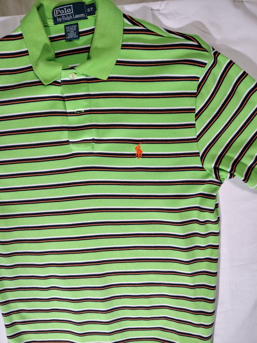 Polo by Ralph Lauren Lime Green Striped Polo with Orange Pony Men's Small